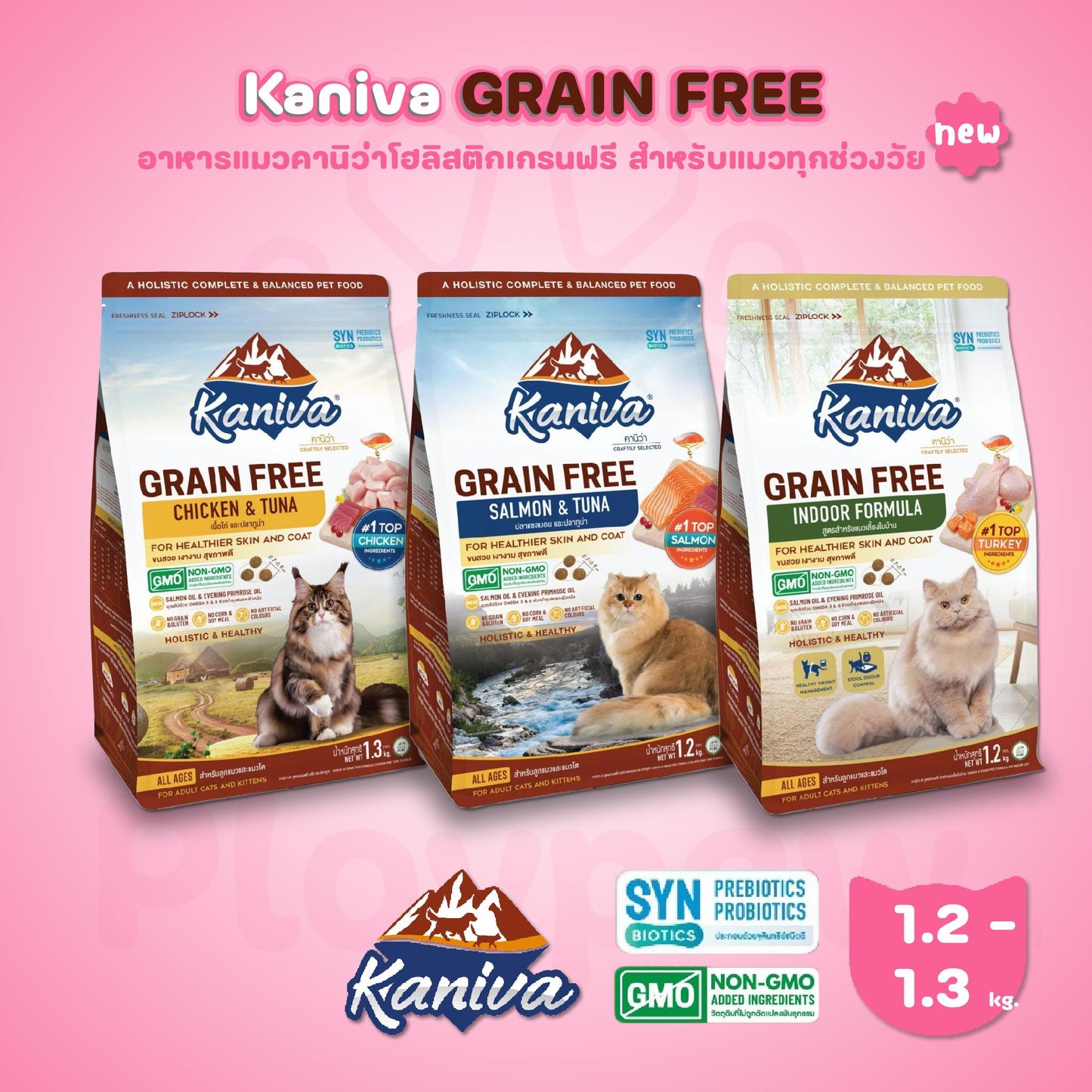 Kaniva Grain Free อาหารแมวคานิว่า สูตรเกรนฟรี โฮลิสติก Holistic&Balance ไม่มีส่วนผสม สำหรับทุกวัย บำรุงขนและผิวหนัง โซเดียมต่ำ ขนาด 1.2-1.3 กก. (1.2-1.3kg)