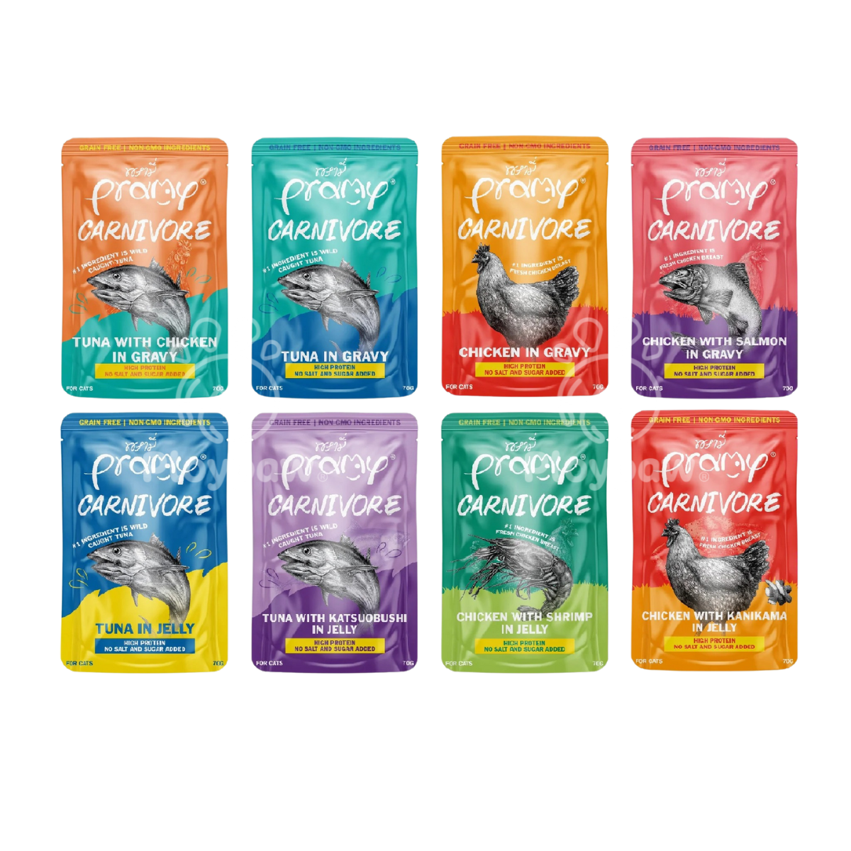 [ยกโหล 12 ซอง]Pramy Carnivore อาหารเปียกแมวพรามี่ Grain-Free Non-GMO ขนาด 70 กรัม(g)