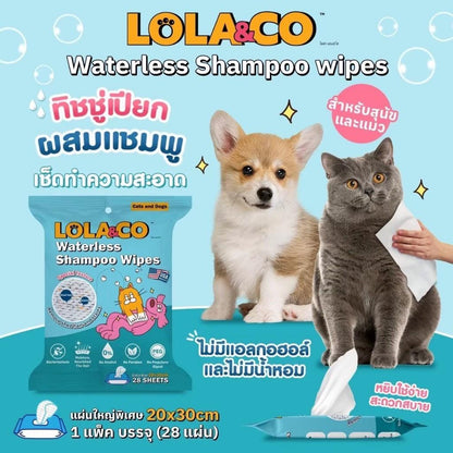 [แพ็ค 28 แผ่น] Lola&Co Waterless shampoo wipes ทิชชูเปียก ผ้าเปียกผสมแชมพู 28แผ่น/แพ็ค
