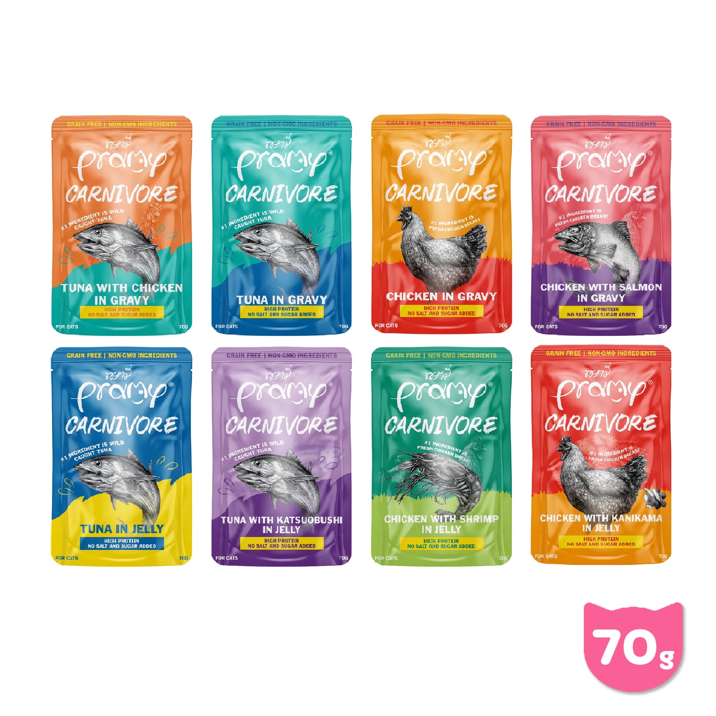 [ยกโหล 12 ซอง]Pramy Carnivore อาหารเปียกแมวพรามี่ Grain-Free Non-GMO ขนาด 70 กรัม(g)