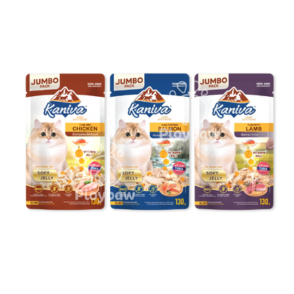 [ยกโหล 12 ซอง] Kaniva Jumbo Pouch in Jelly อาหารแมวคานิว่า ชนิดเปียก ในเยลลี่ ผสมวิตามินบอล ขนาด 130g.