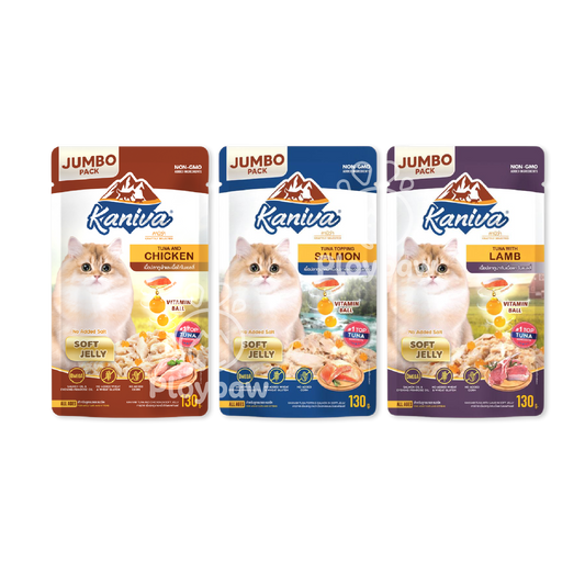 [ยกโหล 12 ซอง] Kaniva Jumbo Pouch in Jelly อาหารแมวคานิว่า ชนิดเปียก ในเยลลี่ ผสมวิตามินบอล ขนาด 130g.