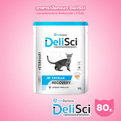 [ปลีก 1 ซอง] DeliSci Excella อาหารฟื้นฟูสําหรับสัตว์ป่วย ขาดสารอาหาร และพักฟื้นหลังการผ่าตัด ที่ต้องการพลังงานสูง (RECOVERY) ขนาด 80 กรัม(g.)