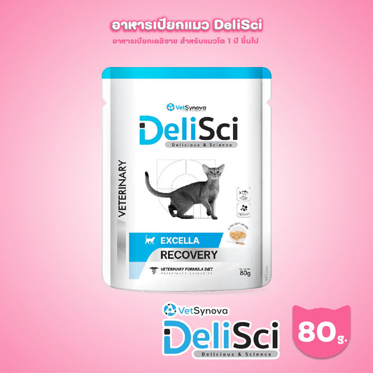 [ปลีก 1 ซอง] DeliSci Excella อาหารฟื้นฟูสําหรับสัตว์ป่วย ขาดสารอาหาร และพักฟื้นหลังการผ่าตัด ที่ต้องการพลังงานสูง (RECOVERY) ขนาด 80 กรัม(g.)