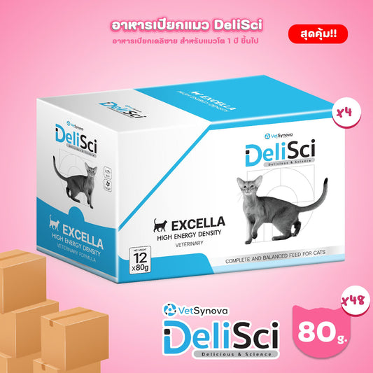 [ยกลัง 48 ซอง] DeliSci Excella อาหารฟื้นฟูสําหรับสัตว์ป่วย ขาดสารอาหาร และพักฟื้นหลังการผ่าตัด ที่ต้องการพลังงานสูง (RECOVERY) ขนาด 80 กรัม(g.)