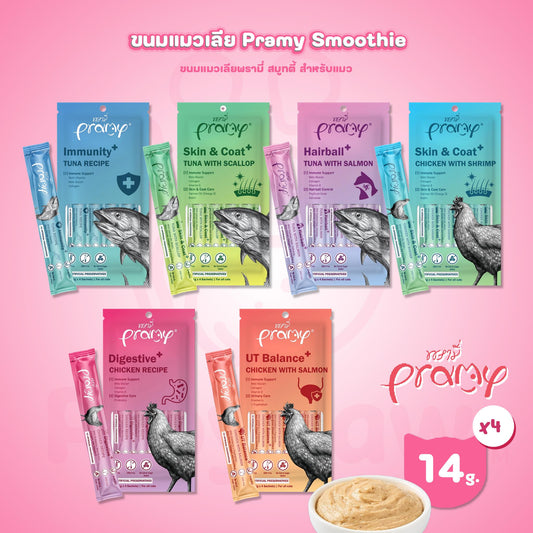 [แพ็ค 4 ซอง] ขนมแมวเลีย พรามี่ สมูทตี้ Pramy Smoothie Creamy ขนาดซอง 14 กรัม(g.)