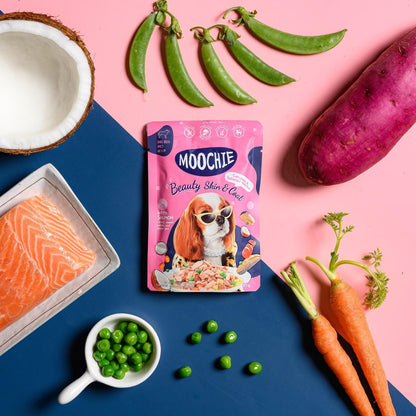 [ยกโหล 12 ซอง] Moochie อาหารเปียกสุนัข มูชี่ สูตร Complete&Balance Nutrition สารอาหารครบถ้วน ปราศจากธัญพืช ไมเ่ติมเกลือ สำหรับลูกสุนัขและสุนัขโต ขนาดซอง 85 กรัม(g.)