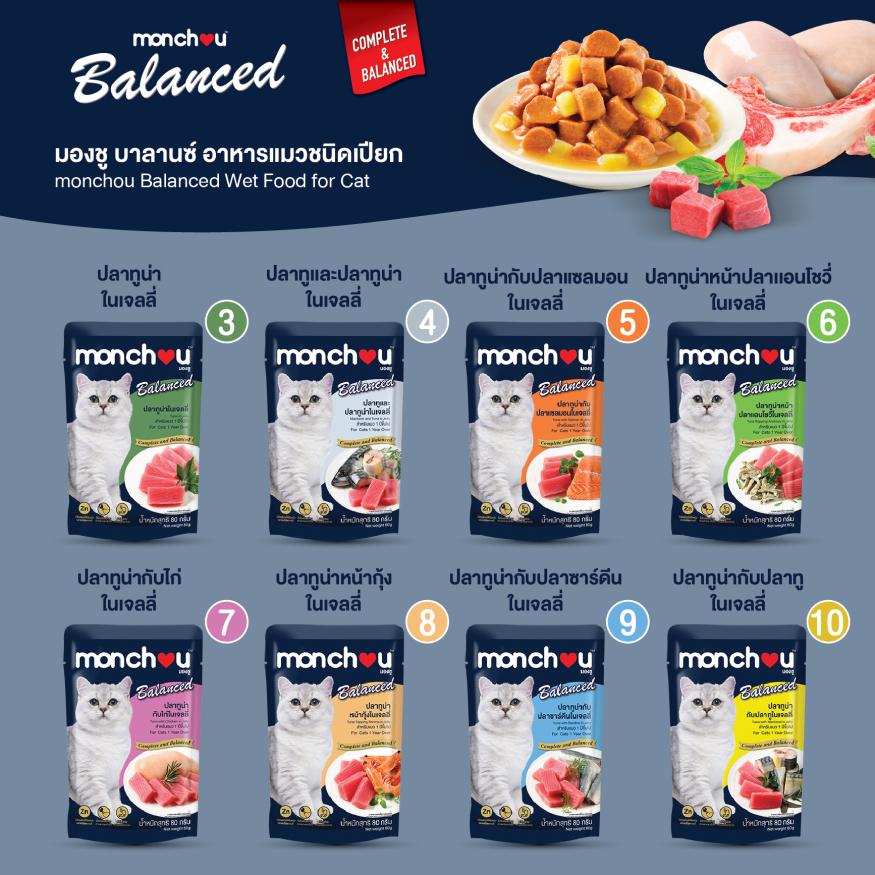 [1 ซอง] Monchou มองชู อาหารเปียกแมว สูตร Balanced ขนาด 80 กรัม(g.)