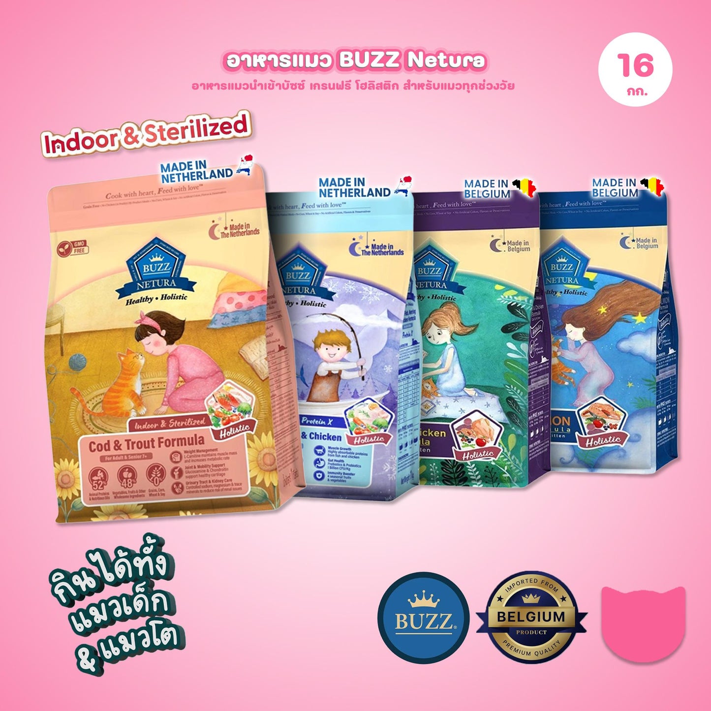 Buzz [ยกลัง 4 ถุง*4kg.] Netura Holistic อาหารแมวบัซซ์ ขนาด 4 กก.(kg) จำนวน 4 ถุง อาหารแมวโฮลิสติก เกรนฟรี อาหาร  แมว