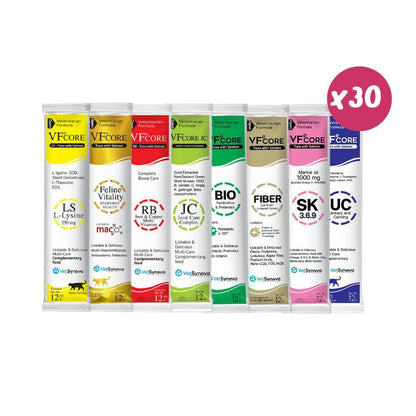 [ยกกล่อง 30 ซอง] VF+ Core ขนมแมวเลีย วีเอฟพลัสคอร์ วิตามินรูปแบบแมวเลีย ขนาดซอง 12 กรัม