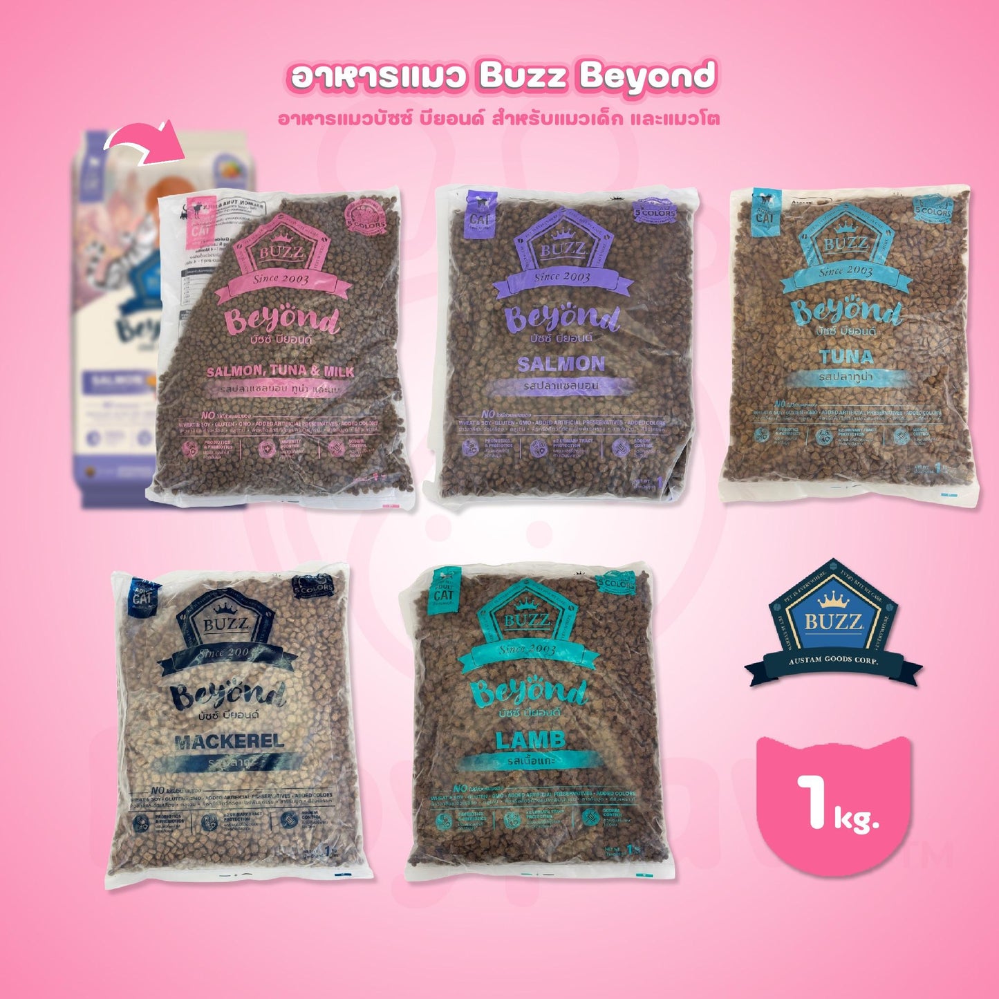 [ถุงแบ่งฯ 1kg.] Buzz Beyond อาหารแมวบัซซ์ บียอนด์ ขนาด 1 กก.(1kg) Premium + Gluten Free NON GMO อาหาร  แมว บัซซ์