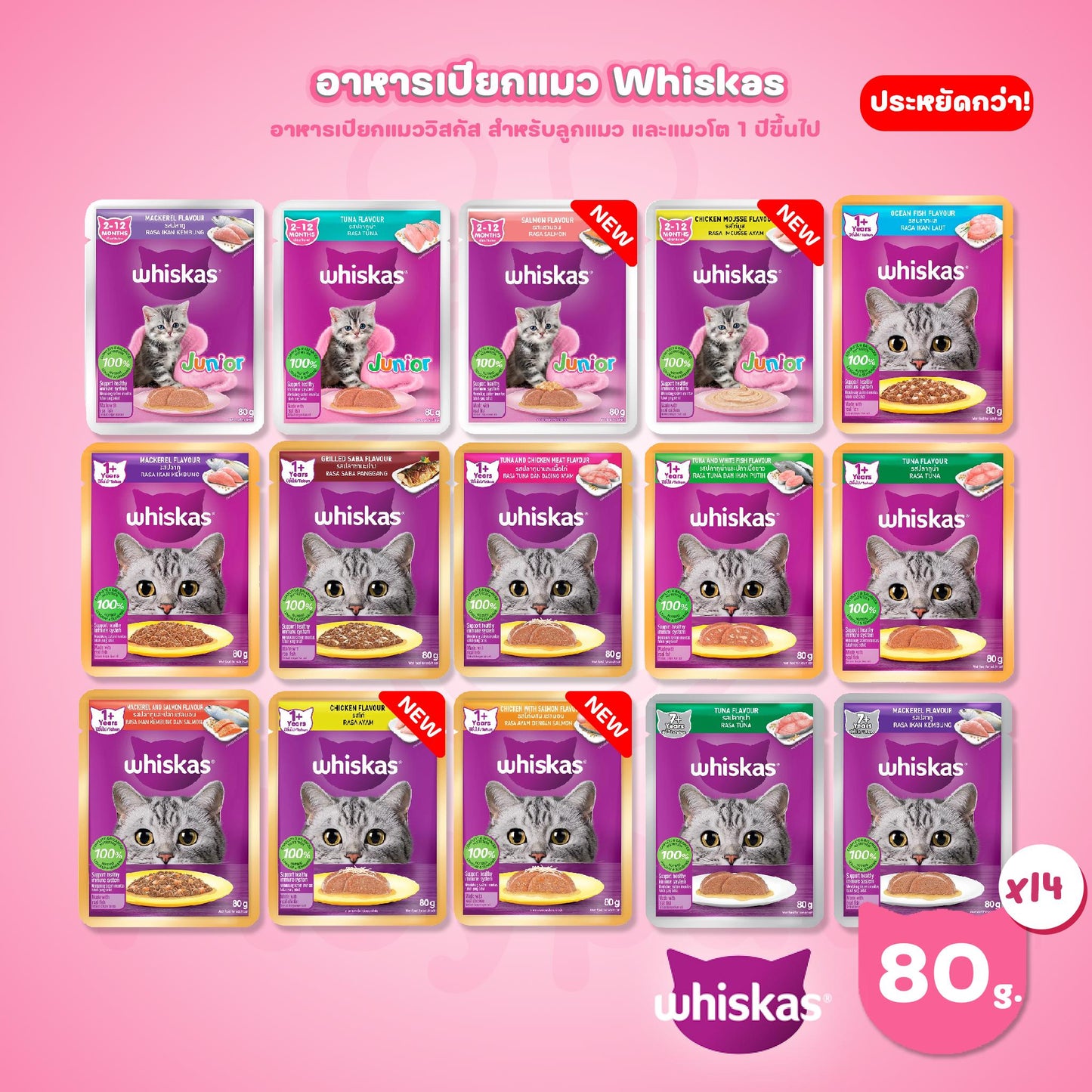 [ยกกล่อง 14 ซอง] Whiskas pouch อาหารเปียกแมว วิสกัส เพาช์ ขนาด 85 กรัม(g.)