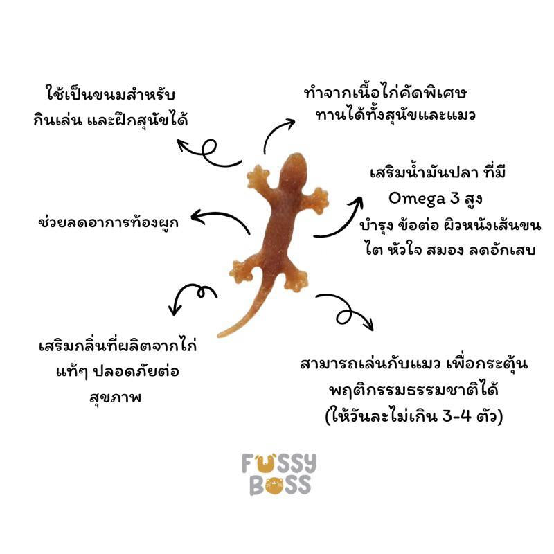 Fussy Boss ขนมไก่นิ่มรูปจิ้งจก ทานได้ทั้งแมวและสุนัข ขนาด 10 ตัว 15 กรัม