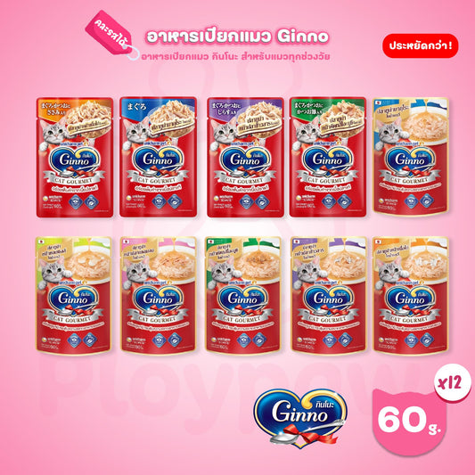 [ยกโหล 12 ซอง] Ginno กินโนะ อาหารเปียกแมว ปลาเนื้อขาวพรีเมี่ยม ไม่เติมเกลือ  ขนาด 60 กรัม(g.)