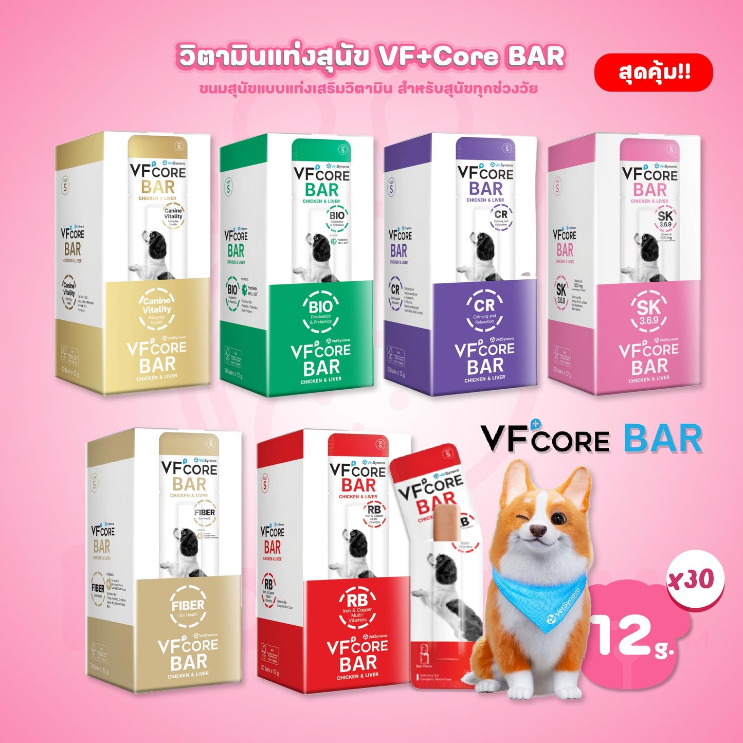 [ยกกล่อง] VF+Core Bar วิตามินบาร์ ขนมแท่งนิ่ม สำหรับสุนัข ทุกช่วงวัยขนาด 12-24 กรัม
