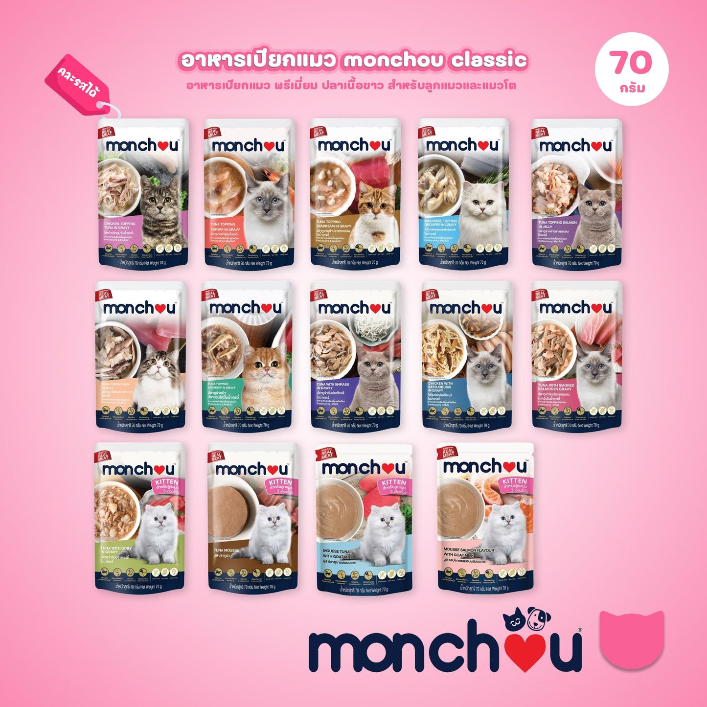 [ปลีก 1 ซอง] Monchou Classic มองชู อาหารเปียกแมว ทูน่าเนื้อขาว ขนาด 70 กรัม(g.)