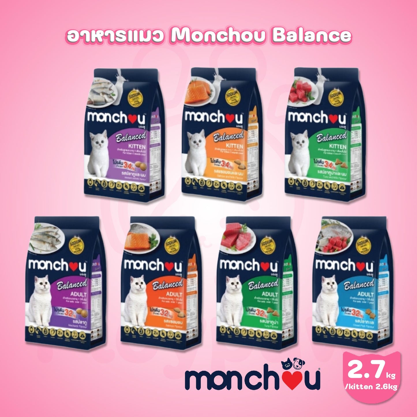 [2.7Kg.]Monchou Balance มองชู อาหารแมวแบบเม็ด สูตรบาลานซ์ ขนาด 2.7 กก.(Kg.)