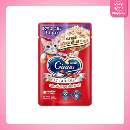 [ยกโหล 12 ซอง] Ginno กินโนะ อาหารเปียกแมว ปลาเนื้อขาวพรีเมี่ยม ไม่เติมเกลือ  ขนาด 60 กรัม(g.)