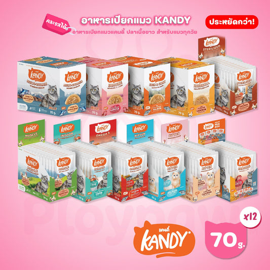 [ยกโหล 12 ซอง] Kandy Pouch อาหารเปียกแมว แคนดี้ ผลิตจากปลาเนื้อขาว ขนาดซอง 70 กรัม(g.)