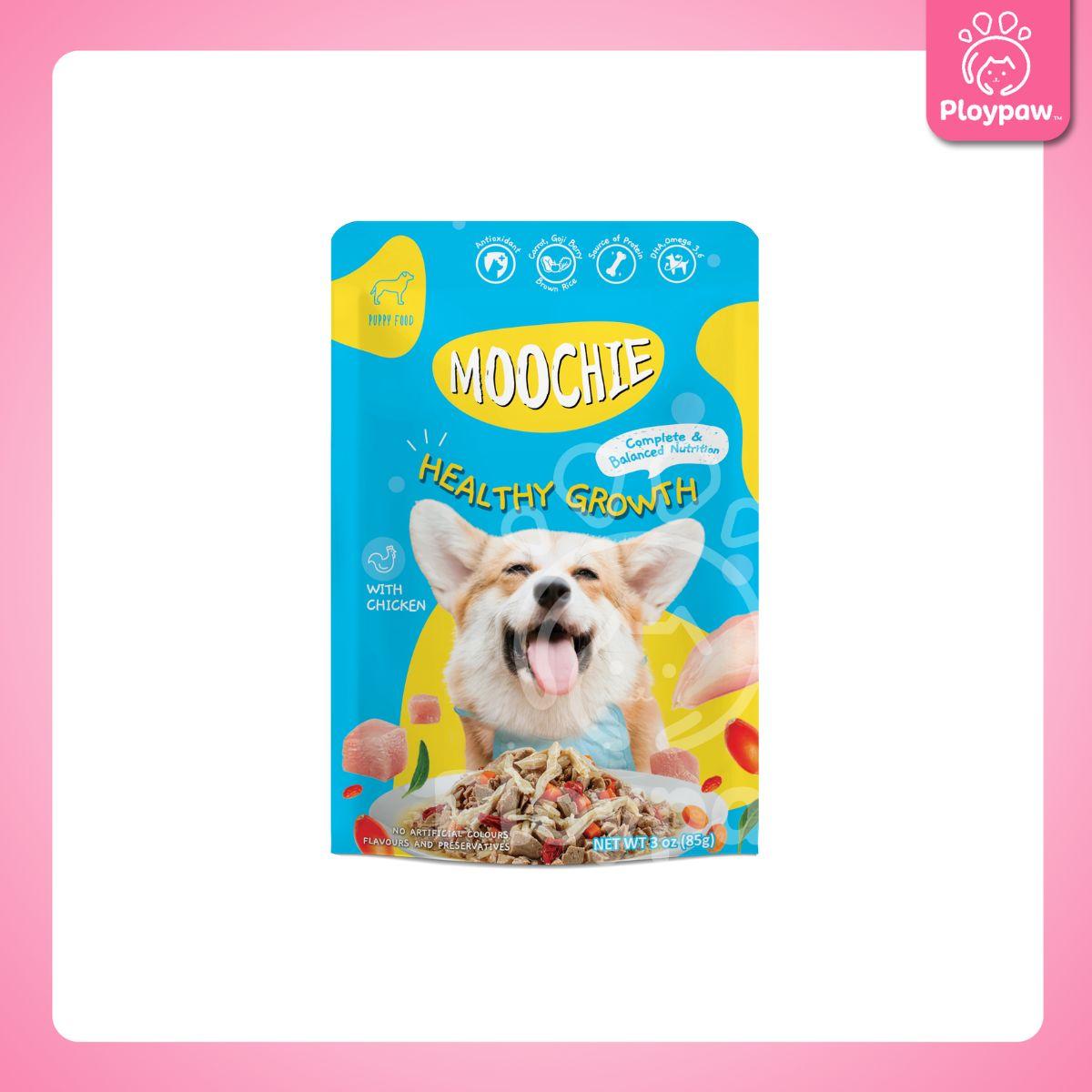 [ยกลัง 48 ซอง] Moochie อาหารเปียกสุนัข มูชี่ สูตร Complete&Balance Nutrition สารอาหารครบถ้วน ปราศจากธัญพืช ไมเ่ติมเกลือ สำหรับลูกสุนัขและสุนัขโต ขนาดซอง 85 กรัม(g.)