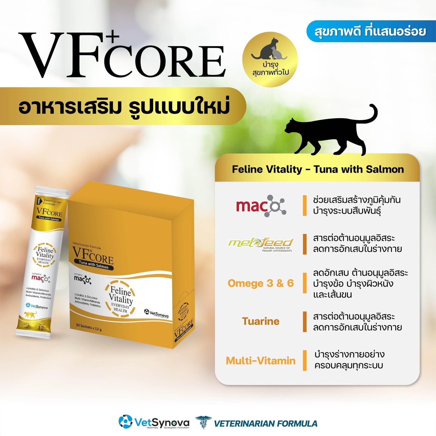 [ขายปลีก] VF+ Core ขนมแมวเลีย วีเอฟพลัส คอร์ อาหารเสริมรูปแบบขนมแมวเลีย วิตามินรวม เสริมภูมิคุ้มกัน ขนาด 12กรัม/ซอง