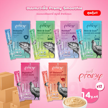 [ยกกล่อง 12 แพ็ค] ขนมแมวเลีย พรามี่ สมูทตี้ Pramy Smoothie Creamy ขนาดซอง 14 กรัม(g.) จำนวน 48 ซอง