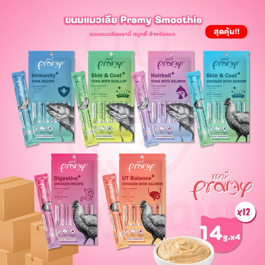 [ยกกล่อง 12 แพ็ค] ขนมแมวเลีย พรามี่ สมูทตี้ Pramy Smoothie Creamy ขนาดซอง 14 กรัม(g.) จำนวน 48 ซอง