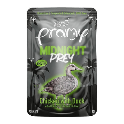[ปลีก 1 ซอง-โปรโมชั่นซื้อ 3 ซอง แถม 1 ซอง] Pramy Midnight Prey อาหารเปียกแมวพรามี่ สูตรโภชนาการครบถ้วน Grain-Free Non-GMO ขนาด 80 กรัม(g) อาหาร  เปียก