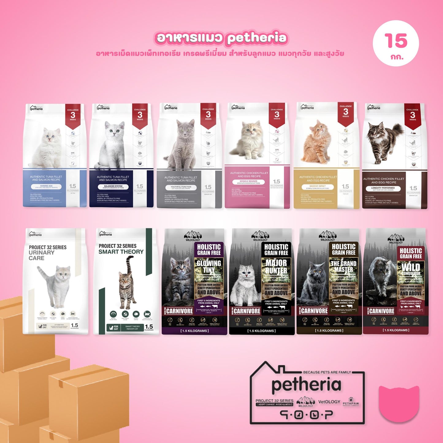 Petheria [ยกลัง 10 ถุง*1.5kg] อาหารแมวเพ็ทเทอเรีย โปรตีนจากปลา บำรุงขนสวย ลูบไม่ติดมือ ขนาด 1.5 กก. 12 สูตร