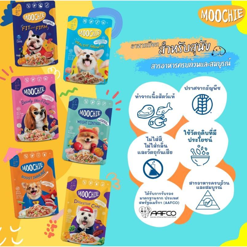 [ยกโหล 12 ซอง] Moochie อาหารเปียกสุนัข มูชี่ สูตร Complete&Balance Nutrition สารอาหารครบถ้วน ปราศจากธัญพืช ไมเ่ติมเกลือ สำหรับลูกสุนัขและสุนัขโต ขนาดซอง 85 กรัม(g.)