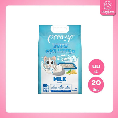 [20 ลิตร] Pramy ทรายแมวเต้าหู้ Dust Free 99% จับตัวเร็ว 1 วิ ทิ้งชักโครกได้ ทรายแมวไร้ฝุ่น โปรไบโอติก 20L 8 กลิ่น (Tofu)