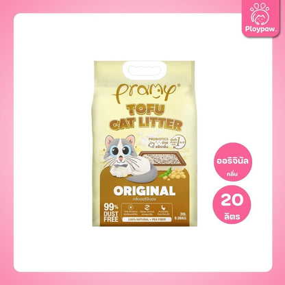 [20 ลิตร] Pramy ทรายแมวเต้าหู้ Dust Free 99% จับตัวเร็ว 1 วิ ทิ้งชักโครกได้ ทรายแมวไร้ฝุ่น โปรไบโอติก 20L 8 กลิ่น (Tofu)