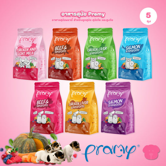 Pramy For Dogs [แพ็ค 5 ถุง*1-1.3 กก.] อาหารสุนัขพรามี่ ปราศจากผลพลอยได้ ผักและผลไม้ 5 สี อาหารเม็ด ขนาด 1-1.3 กก.