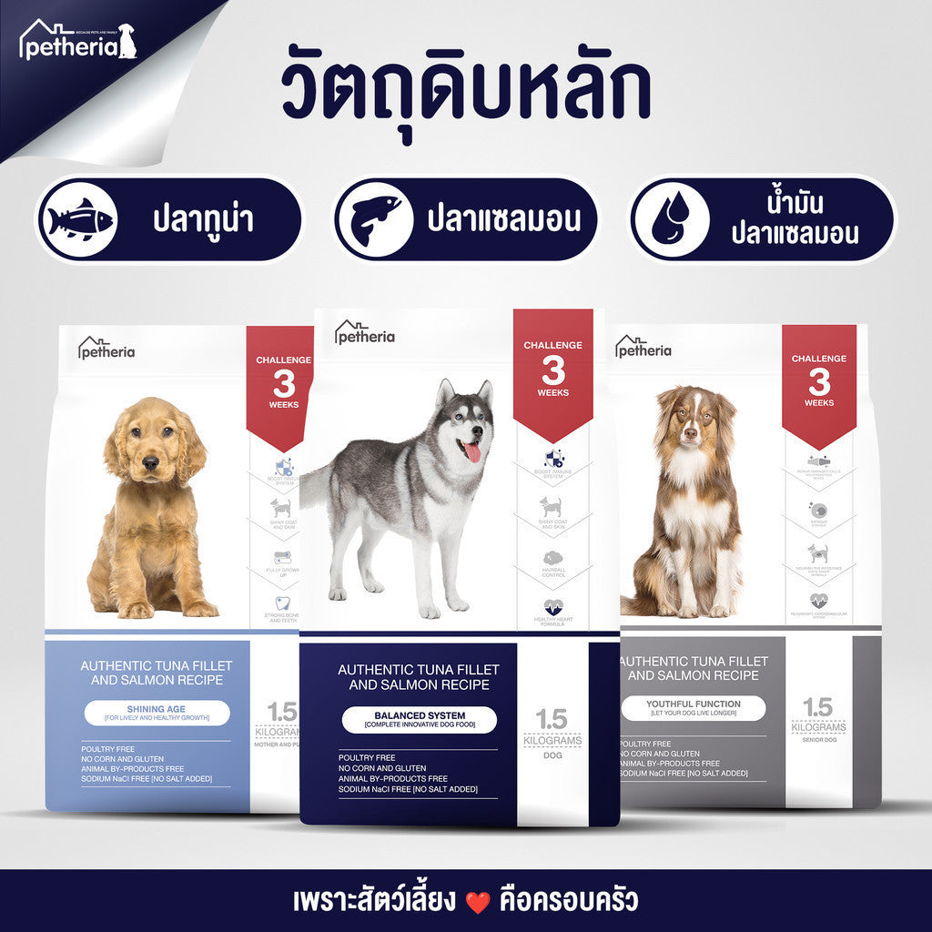 อาหารสุนัขเพ็ทเทอเรีย [1.5kg] Petheria Dog อาหารสุนัข ลดขนร่วง กลิ่นตัวกลิ่นปาก Gluten Free ไม่เติมเกลือ ขนาด 1.5 kg