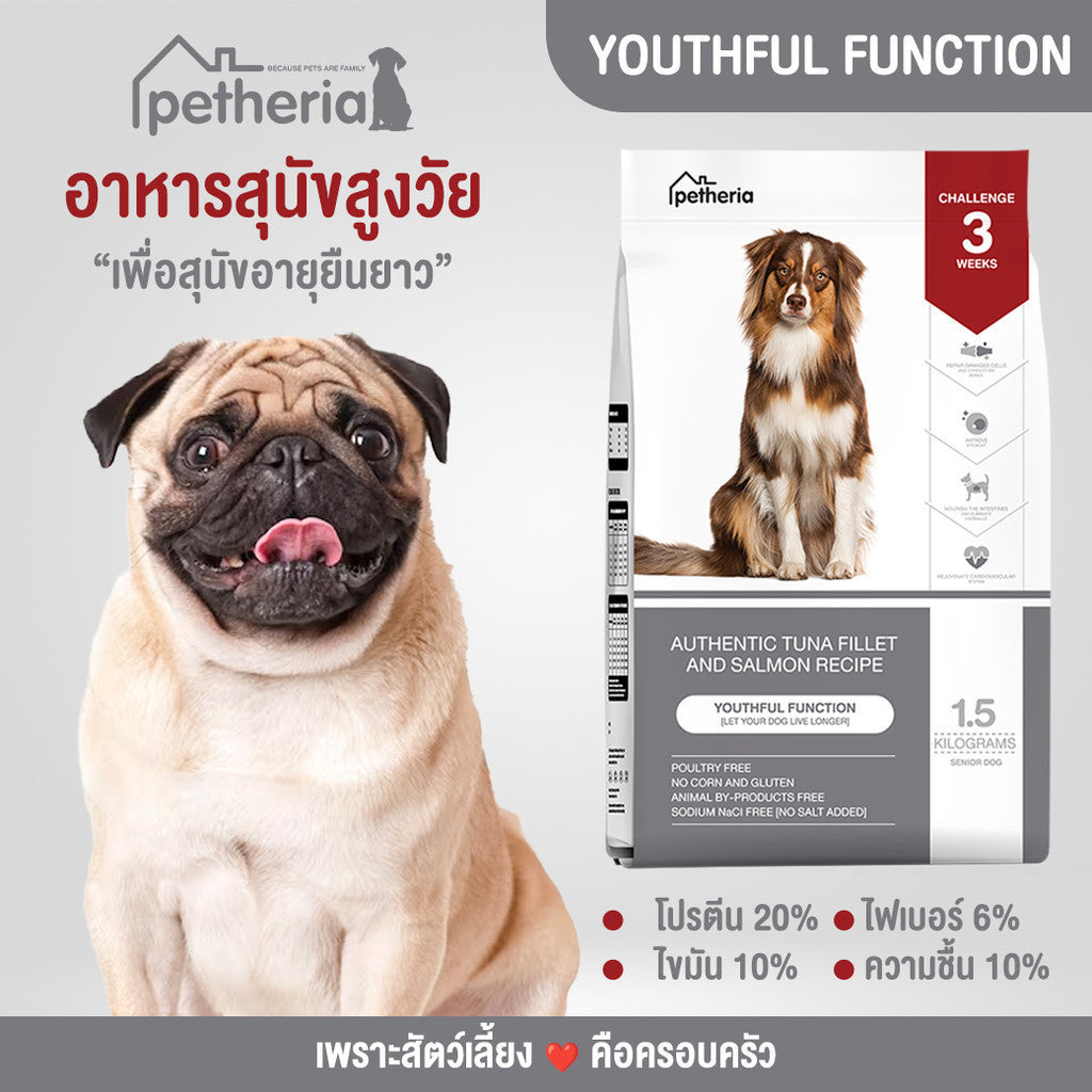 อาหารสุนัขเพ็ทเทอเรีย [1.5kg] Petheria Dog อาหารสุนัข ลดขนร่วง กลิ่นตัวกลิ่นปาก Gluten Free ไม่เติมเกลือ ขนาด 1.5 kg