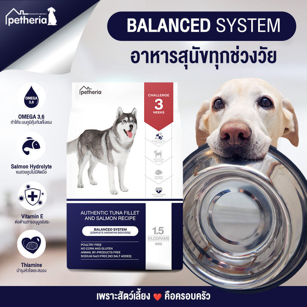 อาหารสุนัขเพ็ทเทอเรีย [1.5kg] Petheria Dog อาหารสุนัข ลดขนร่วง กลิ่นตัวกลิ่นปาก Gluten Free ไม่เติมเกลือ ขนาด 1.5 kg