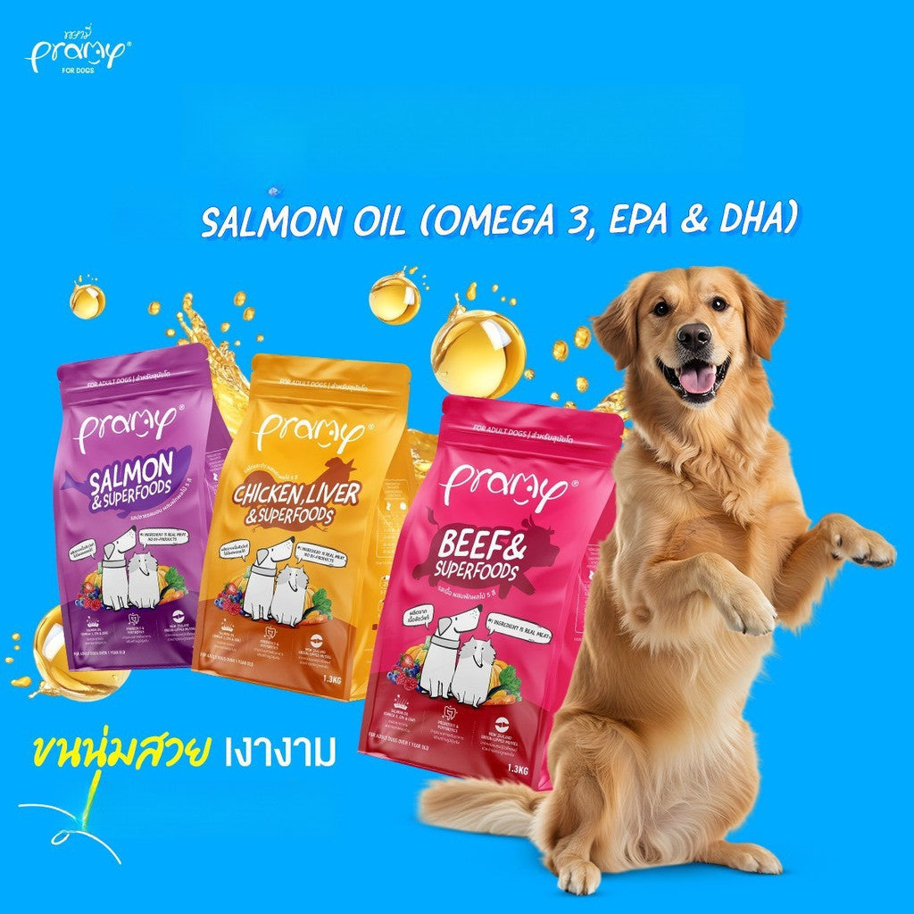 Pramy For Dogs [ยกลัง 8 ถุง*1-1.3 กก.] อาหารสุนัขพรามี่ ปราศจากผลพลอยได้ ผักและผลไม้ 5 สี อาหารเม็ด ขนาด 1-1.3 กก.