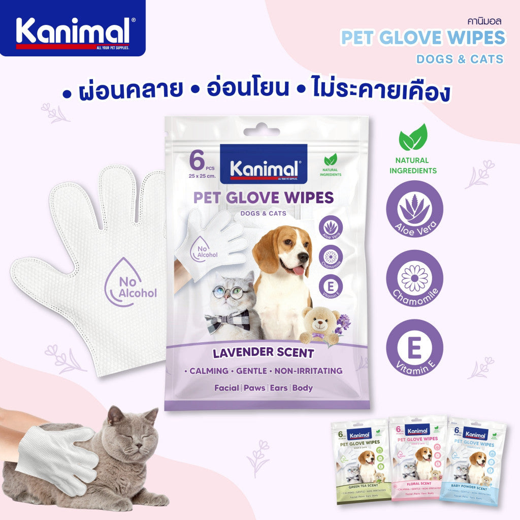 Kanimal Pet Glove Wipes ถุงมืออาบน้ำแห้ง ใช้งานง่าย อ่อนโยน ไม่ระคายเคือง สำหรับสัตว์เลี้ยง (6 Pcs / Pack)