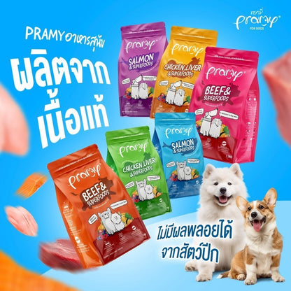 Pramy For Dogs [ยกลัง 8 ถุง*1-1.3 กก.] อาหารสุนัขพรามี่ ปราศจากผลพลอยได้ ผักและผลไม้ 5 สี อาหารเม็ด ขนาด 1-1.3 กก.