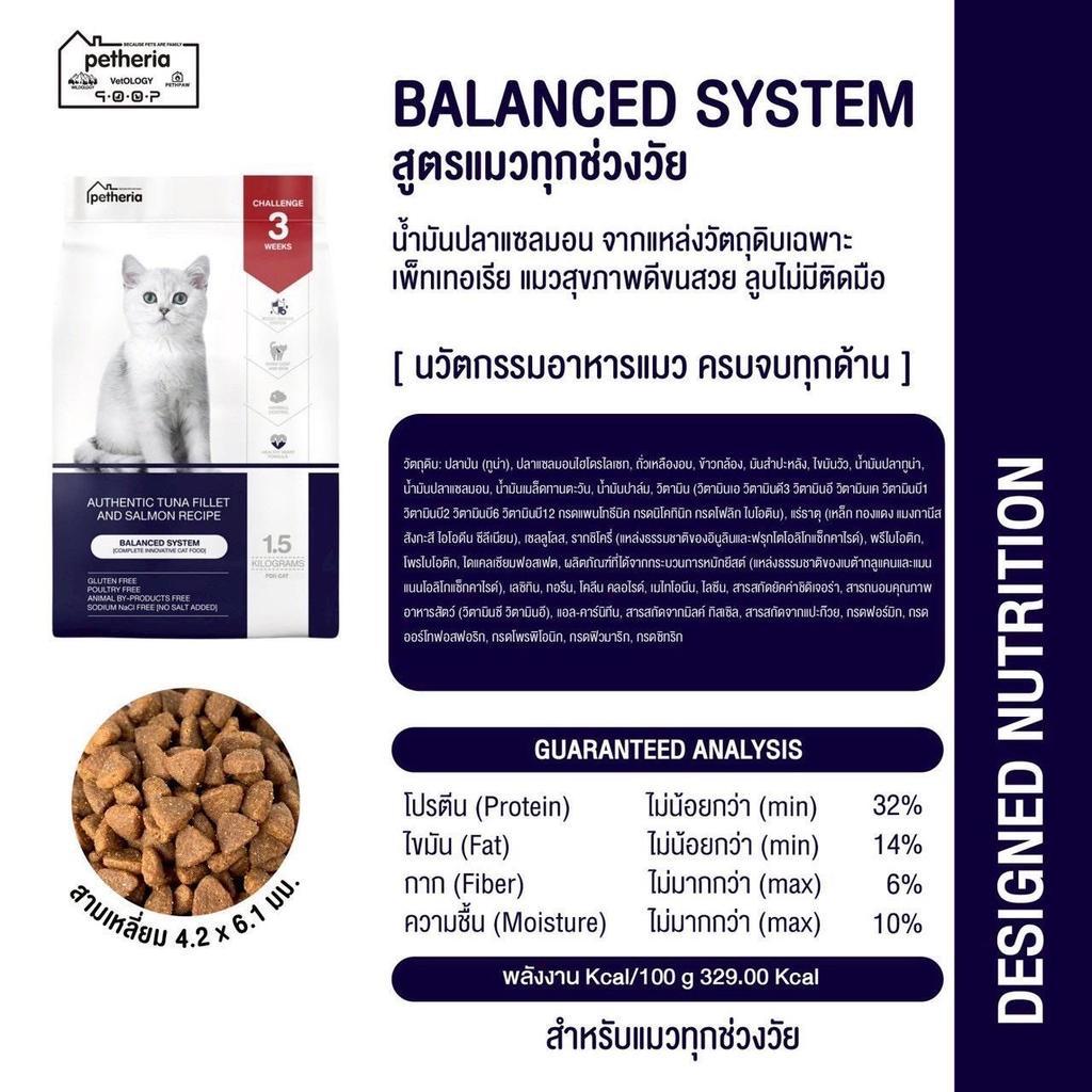 Petheria [แพ็ค 3 ถุง*900g] อาหารแมวเพ็ทเทอเรีย อาหารแมวทุกช่วงวัย [BALANCED SYSTEM] [No Corn&Gluten Free] ขนาด 900 กรัม