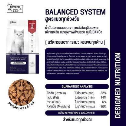 Petheria [แพ็ค 5 ถุง*900g] อาหารแมวเพ็ทเทอเรีย อาหารแมวทุกช่วงวัย [BALANCED SYSTEM] [No Corn&Gluten Free] ขนาด 900 กรัม