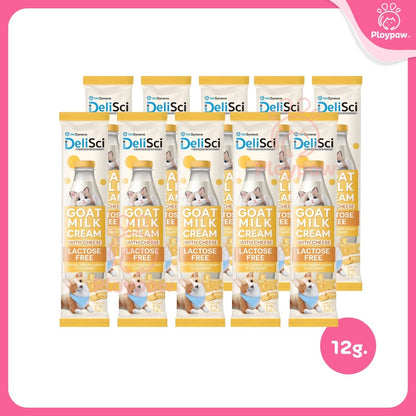 [แพ็ค 10 ซอง] DeliSci Goat Milk Cream ขนมแมวเลีย ครีมนมแพะ สำหรับสัตว์เลี้ยง 2 เดือนขึ้นไป แลคโตสฟรี ขนาด 12 กรัม