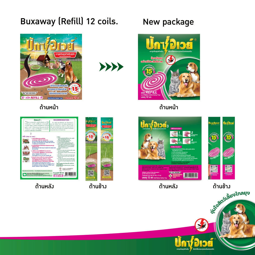 [ยกลัง 24 กล่อง* รีฟิล 12 ขด] ยาจุดกันยุงสัตว์เลี้ยง BuxAway 12 ขด ไม่มีถาด (รุ่นรีฟิล) จำนวน 24 กล่อง