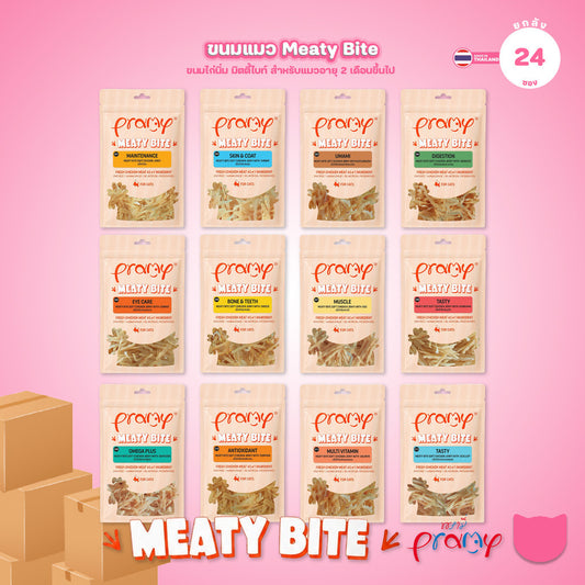 [ยกลัง 24 ซอง] Pramy Meaty Bite ขนมแมวเนื้อนิ่ม สันในไก่แท้ โปรตีนสูง 40% Soft & Chewy ขนาด 30g จำนวน 48 ซอง มี 12 สูตร
