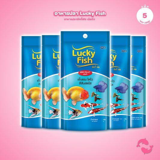 [แพ็ค 5*20g] Lucky Fish อาหารปลา อาหารปลากินง่าย เม็ดจิ๋ว โปรตีนสูง เร่งสี เร่งโต ปลาแข็งแรง สีสันสดใส
