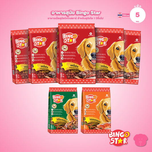 [แพ็ค 5*1 กก.] BingoStar อาหารสุนัขโต 1kg เม็ดรูปดาว โปรตีนจากปลา มี Synbiotic โอเมก้า 3&6 สำหรับสุนัขอายุ 1 ปีขึ้นไป