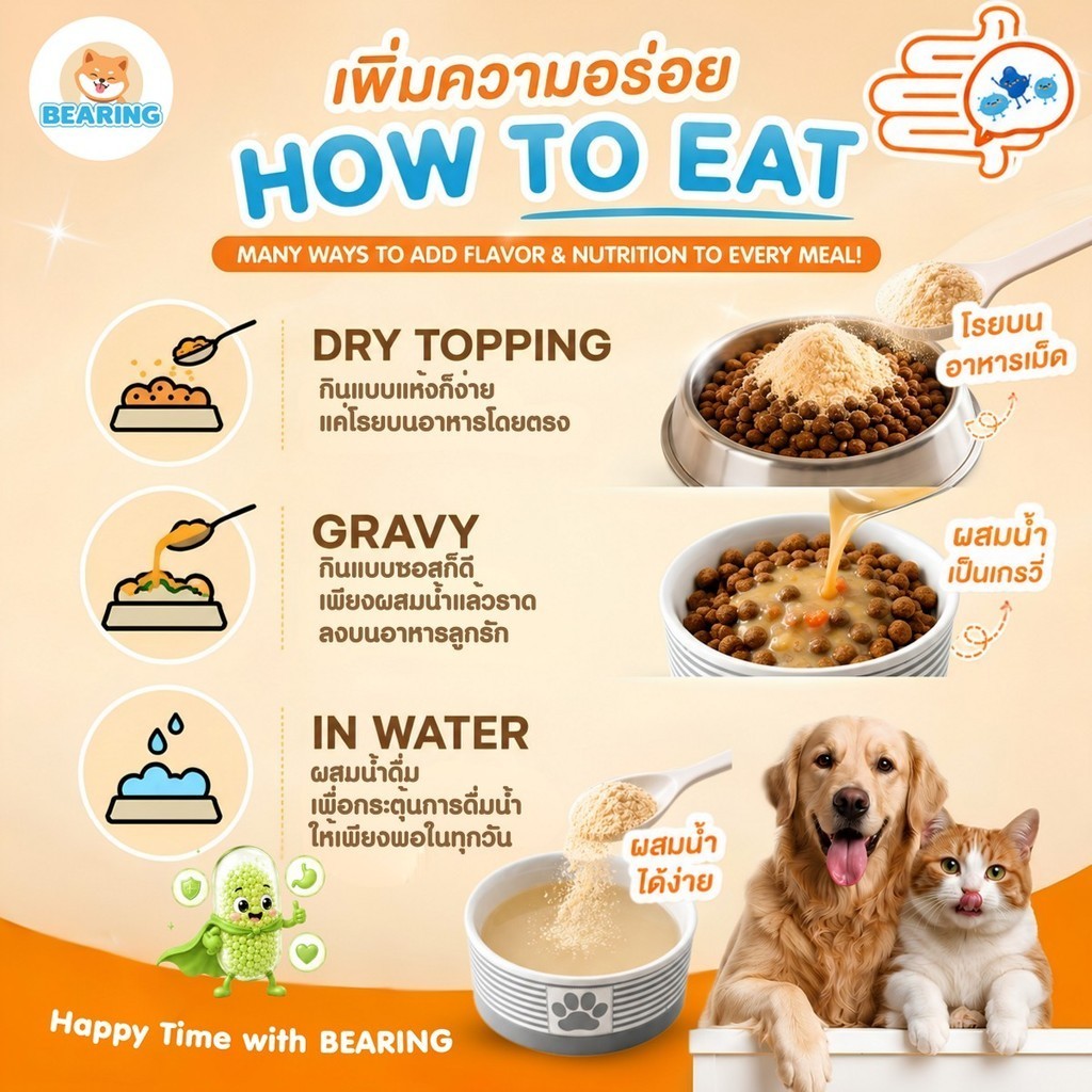 BEARING Happy Tummy Powder ผงโรยอาหารสุนัขแมว ตัวอ้วนตัวแน่น โพรไบโอติกส์ พรีไบโอติกส์ ดูแลสมดุลทางเดินอาหาร