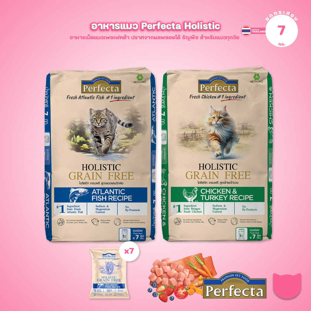 [ยกกระสอบ 7kg] Perfecta Holistic Grain Free อาหารเม็ดแมว เกรดโฮลิสติก เกรนฟรี สูตร Chicken & Turkey / Atlantic Fish 1 กก