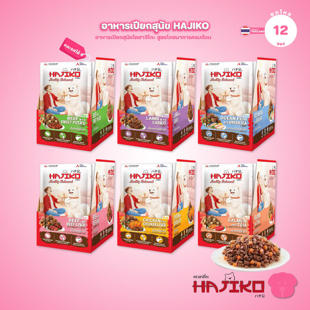 [ยกโหล 12 ซอง] HAJIKO Healthy Balanced อาหารเปียกสุนัข อาหารสุนัขโต Complete & Balanced เนื้อสัตว์จริง 130g จำนวน 12 ซอง