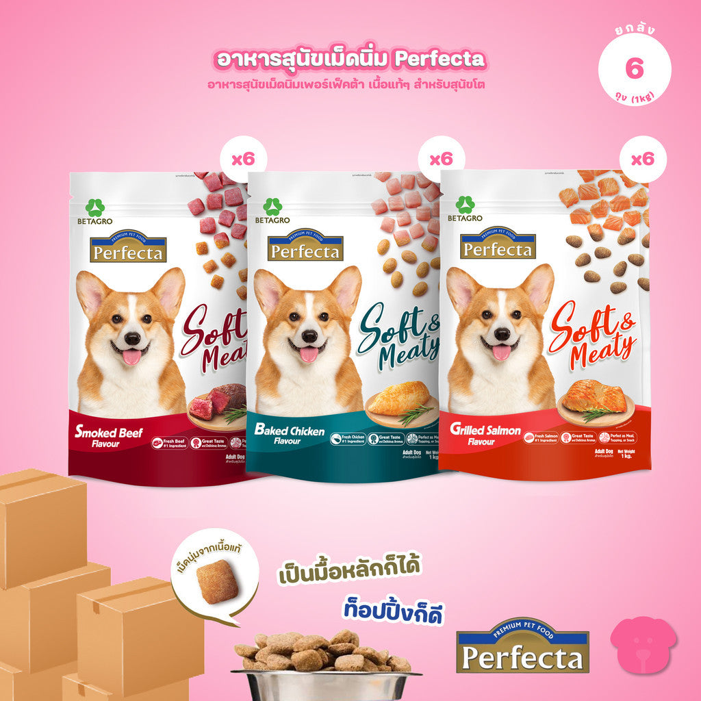 [ยกลัง 6*1kg.] Perfecta อาหารสุนัข เม็ดนิ่ม เพอร์เฟคต้า Soft & Meaty สุนัขโตอายุ 1 ปี ขึ้นไป ขนาด 1kg